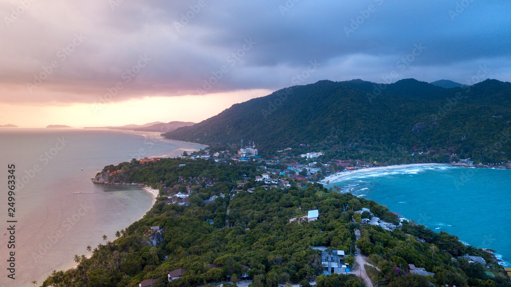 Aerial :  panoramic view on the Haad Rin area in sunset color,  andscape of beautiful tropical island koh Phangan,Thailand