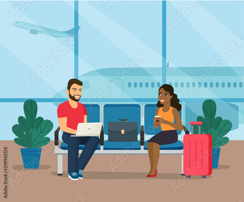 Young smiling woman with red suitcase and man with notebook sitting in airport hall. Vector flat style illustration.