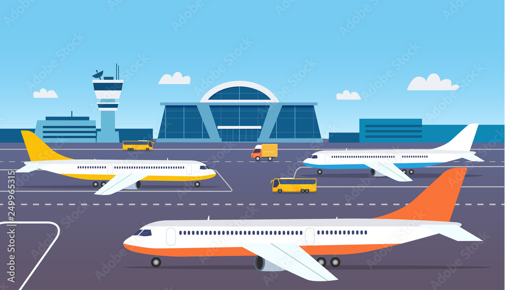 Airport building exterior with buses and airplanes. Vector flat style illustration.