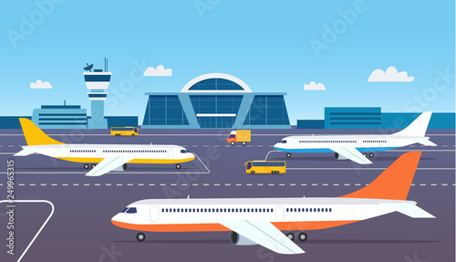 Airport building exterior with buses and airplanes. Vector flat style illustration.