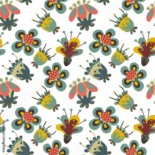 Vector naive fantasy flower and birds pattern