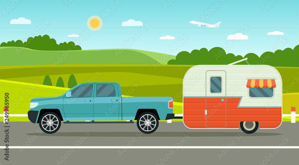 Travel trailer and pickup truck. Summer landscape. Vacation poster concept. Flat style vector illustration