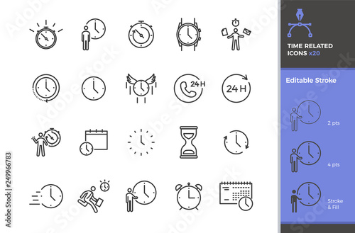 Set of 20 time related vector icons. Different types of time measurement instruments like clock, stopwatch, hourglass. Business, activities, sports, alarm and other time related concepts