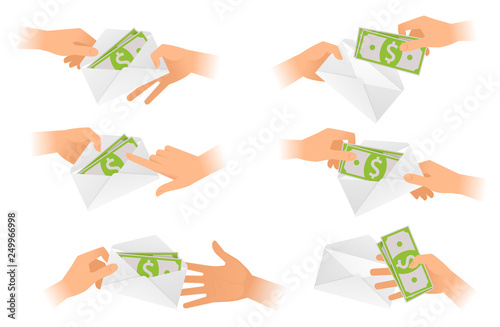 A men hold and give the envelope with paper money. The wages, salary, payment, corruption concept set. Flat vector illustration of human hands holding and taking out of the envelope cash dollars.
