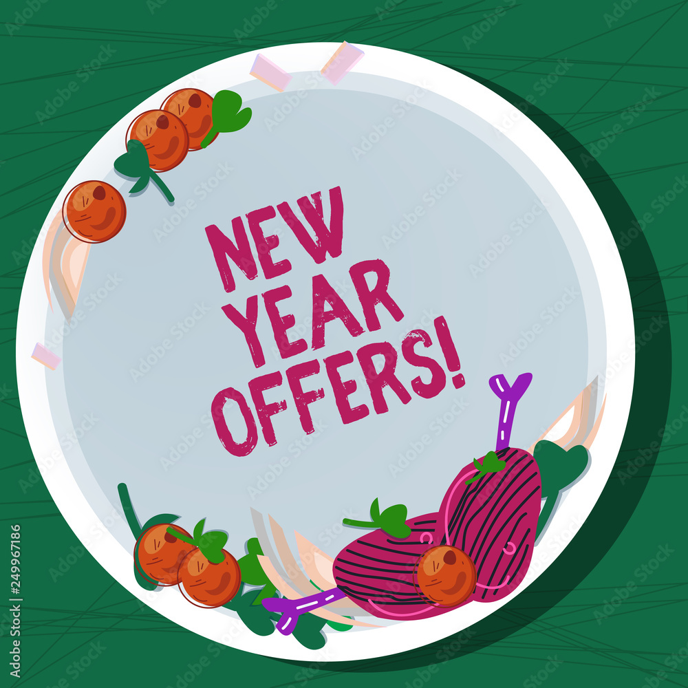 Writing note showing New Year Offers. Business photo showcasing Final holiday season discounts price reductions sales Hand Drawn Lamb Chops Herb Spice Cherry Tomatoes on Blank Color Plate