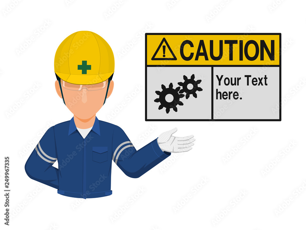 Industrial worker is presenting blank warning sign Industrial worker is presenting blank warning sign