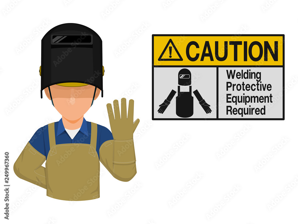 Industrial worker is presenting Welding protection warning sign