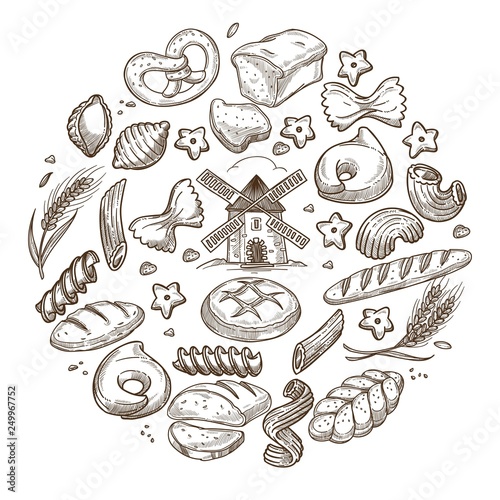 Pasta and bread bakery products of wheat flour sketch