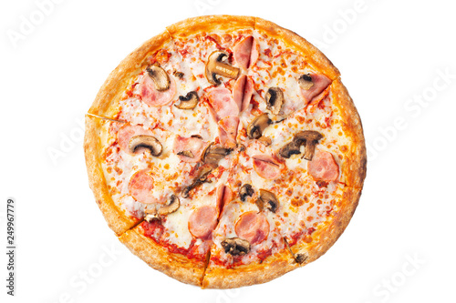 Fresh delicious pizza with ham and mushrooms.