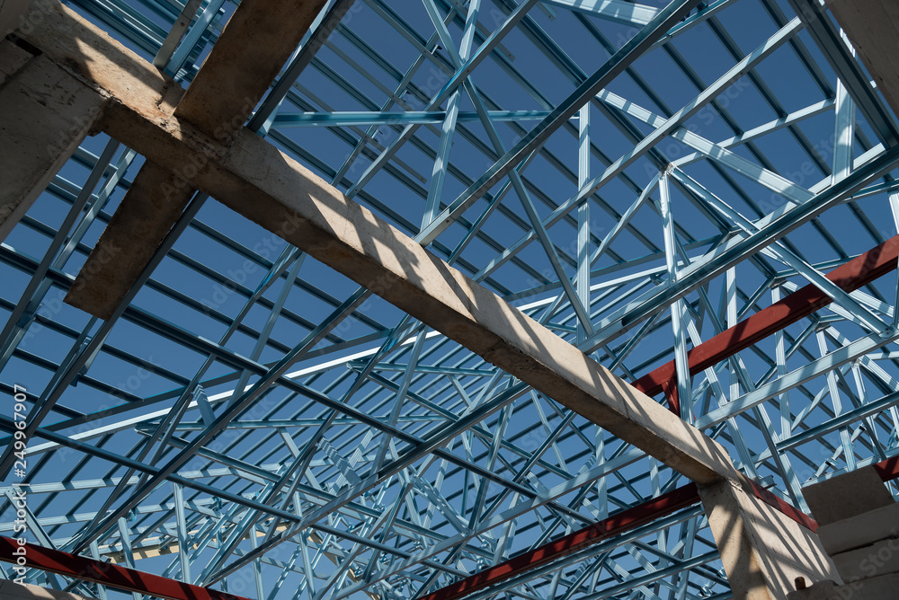 Structure of steel roof frame for building construction.