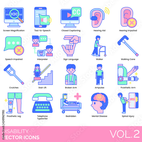 Disability icons including screen magnification, text to speech, closed captioning, hearing aid, impaired, interpreter, sign language, walker, walking cane, crutches, stair lift, broken arm, amputee.