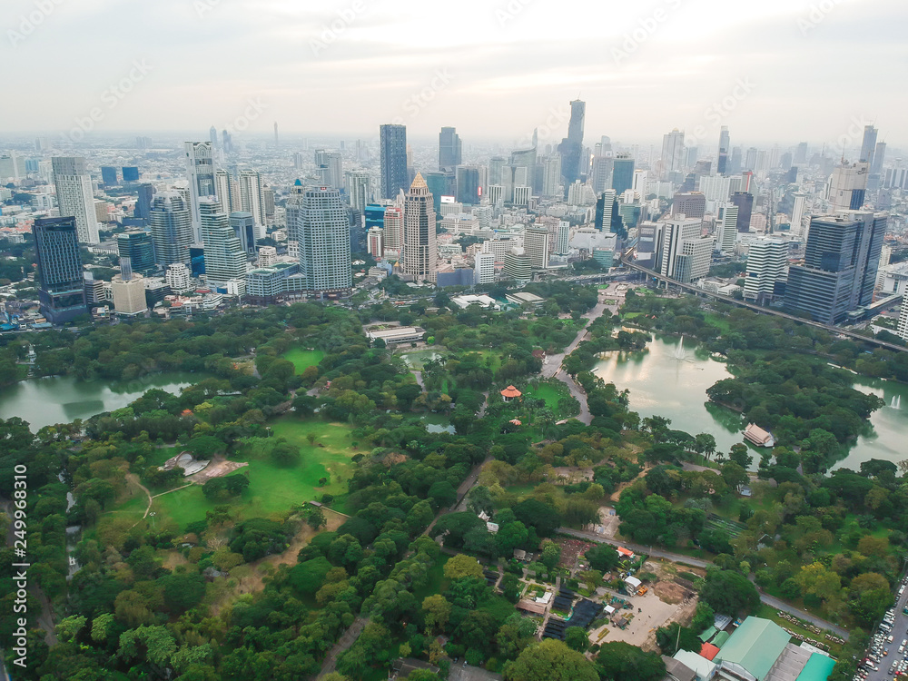 Aerial view city public park with modern building and fog