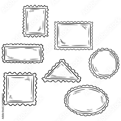 Set of hand drawn sketchy post stamp symbols. Postcard. Vector illustration.