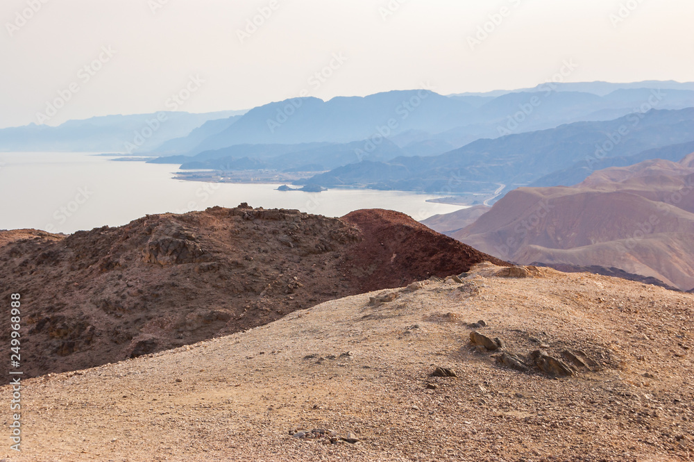 Amazing panoramic view on Red Sea coastline, Egypt, Sinai from Mountain or Har Cfachot in Eilat ,Israel