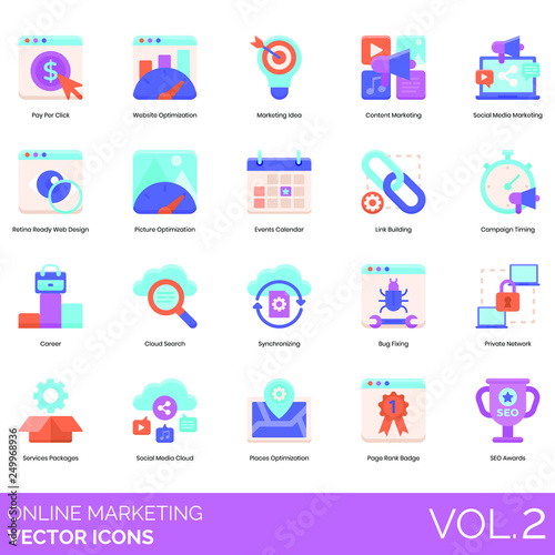 Online marketing icons including pay per click, website optimization, idea, content, social media, retina ready web design, picture, events calendar, link building, campaign timing, career, bug fixing