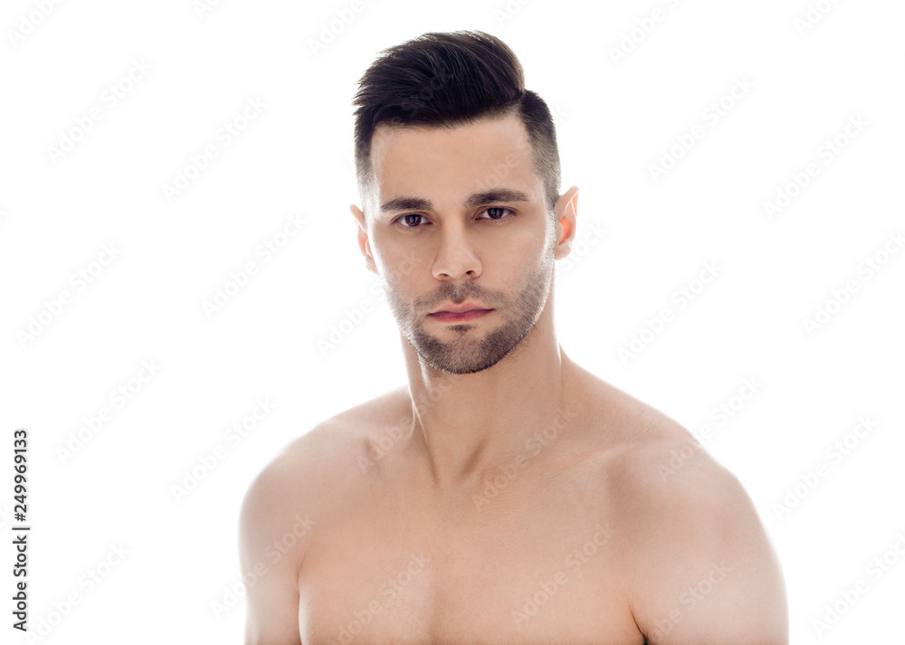 Fototapeta premium Handsome muscular shirtless man posing on white background