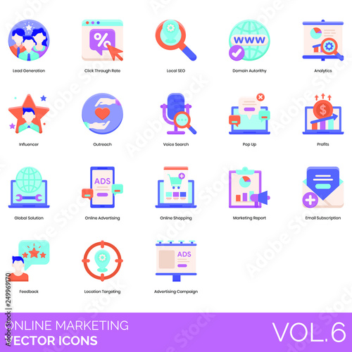 Online marketing icons including lead generation, click-through rate, local SEO, domain authority, analytics, influencer, outreach, voice search, pop-up, profit, global solution, advertising, shopping