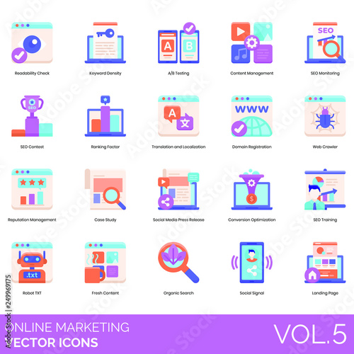 Online marketing icons including readability check, keyword density, AB testing, content management, SEO monitoring, contest, ranking factor, translation, localization, domain registration, crawler.
