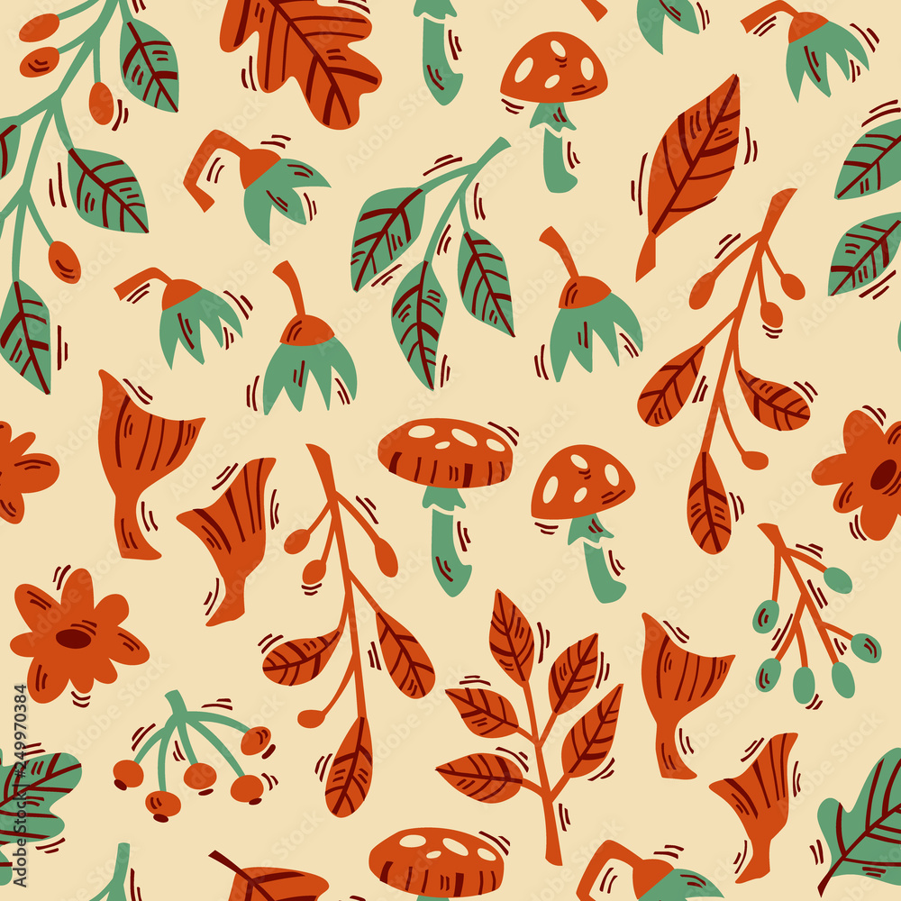Fototapeta premium Hand Drawn Vector Seamless Forest Pattern with Abstract Plants, Mushrooms and Flowers.