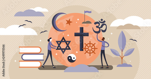 Religion vector illustration. Flat tiny symbolic element persons concept.
