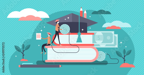 Student loans vector illustration. Flat tiny study finance persons concept.