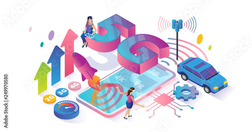 5G speed isometric cyberspace and tiny persons concept vector illustration.