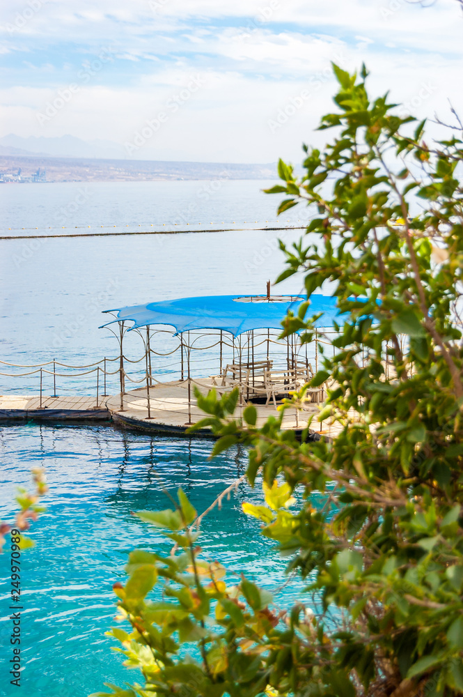 Southern plants close-up with on water pavilions and wooden walkways in Eilat, Israel