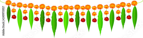 Indian traditional mala garland mango leaves and orange flowers. Isolated on white vector cartoon illustration