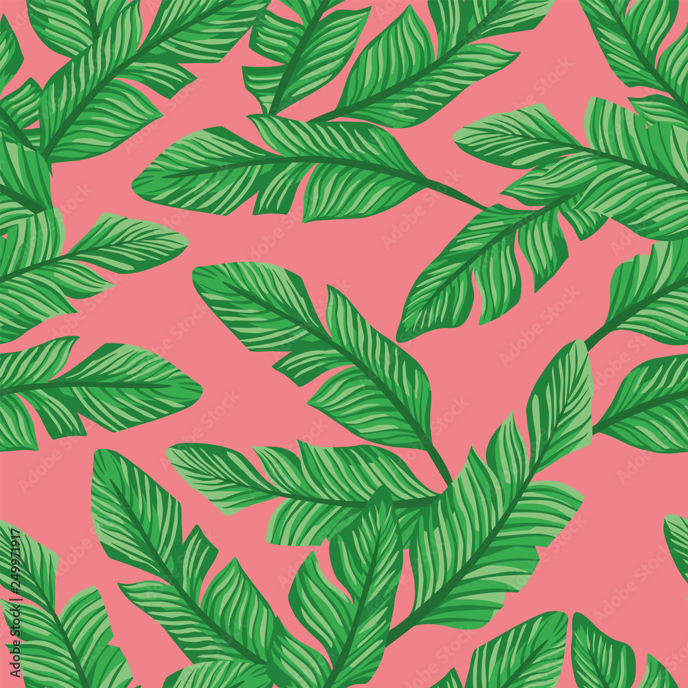 Vector seamless composition green banana leaves living coral background