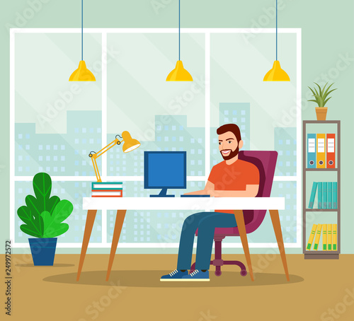 Young happy man working at his office. Vector flat style illustration