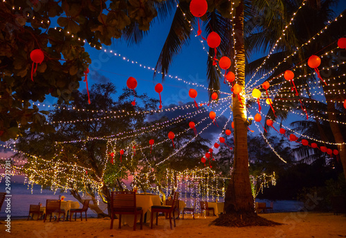 Beautiful decoration for dinner at night near by the sea coastline