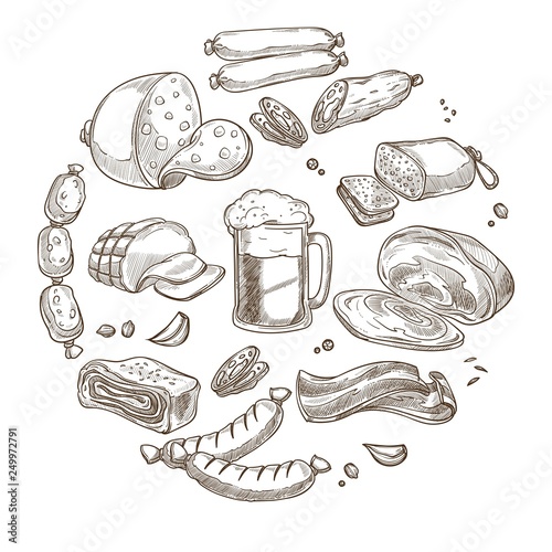 Meat and sausages with beer sketch food and drink butchery shop