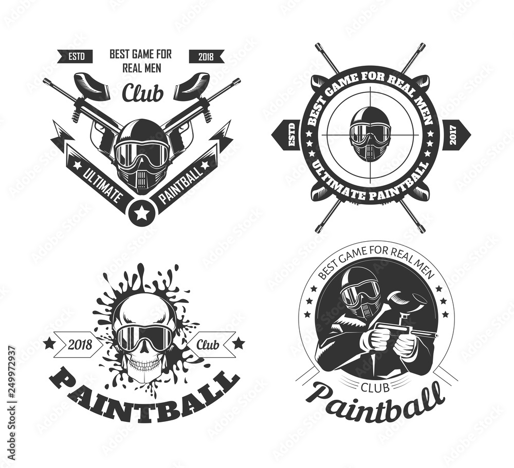 Paintball game sport club logo templates of gamer shooting target or paint ball gun Paintball game sport club logo templates of gamer shooting target or paint ball gun