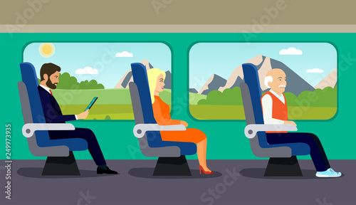 Passenger old man, young beautiful girl and businessman character sitting in chair on the train . Vector flat style illustration.