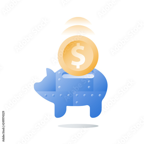 Metal piggy bank, long term investment strategy, fund raising, value increase, pension savings, more money