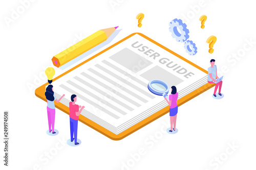 User manual  isometric concept. People with guide instruction are discussing about content of handbook. Vector illustration.