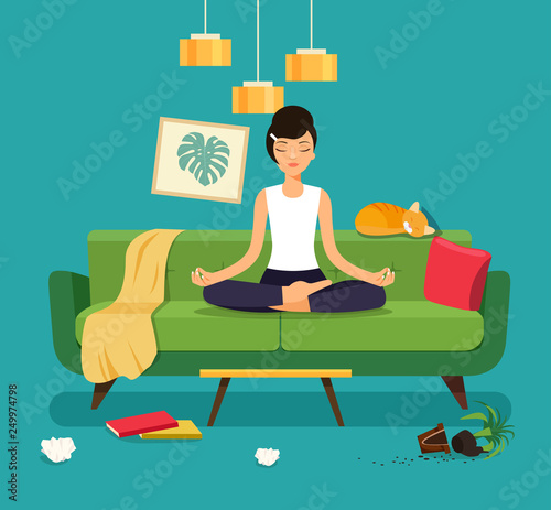 Young woman in yoga pose, lotus position. Messy living room interior.  Flat style vector illustration