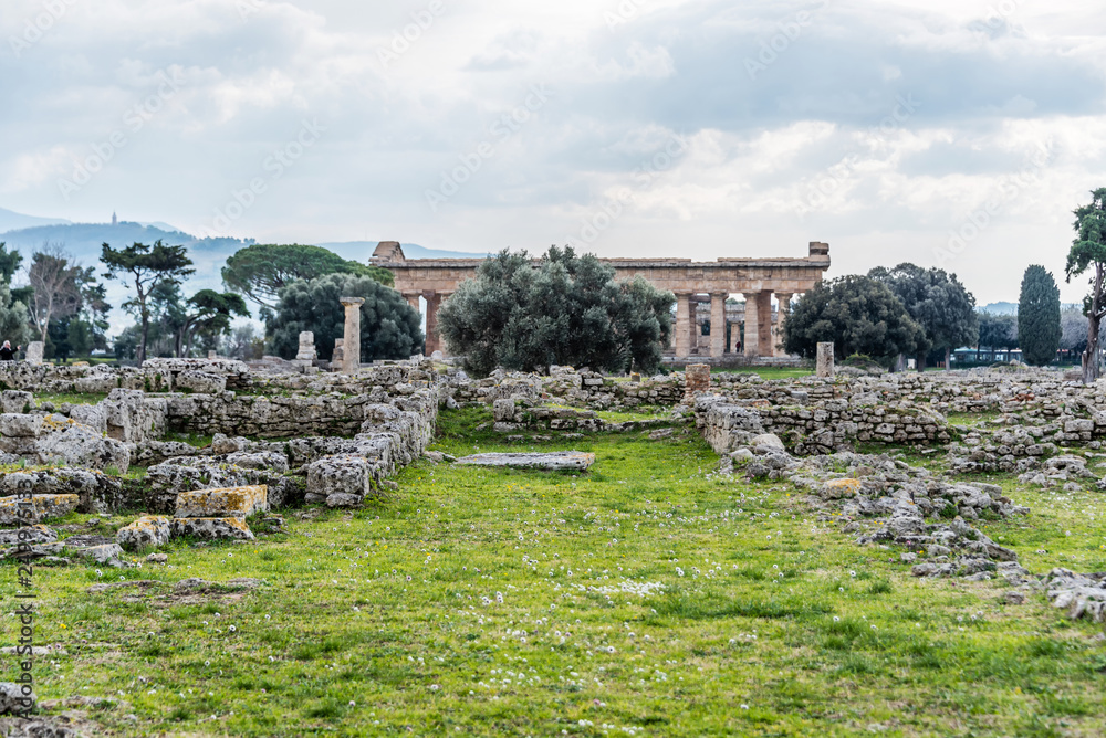 Ancient Greek Temples in the Ruins of a Village in Southern Italy