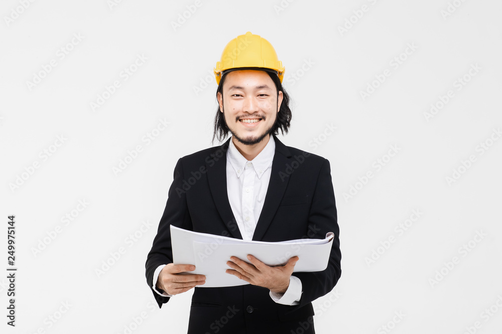 Portrait of engineer hold blueprint in his arm.. Portrait of engineer hold blueprint in his arm..