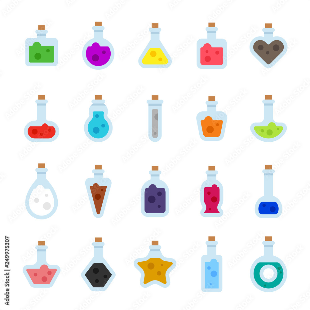 A magical potion in a bottle of various shapes. flat design style minimal vector illustration A magical potion in a bottle of various shapes. flat design style minimal vector illustration