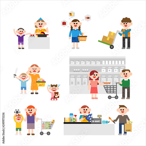Various characters in the mart. flat design style minimal vector illustration