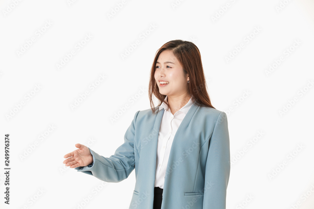 Young Asian businesswoman an open hand ready for handshake. Young Asian businesswoman an open hand ready for handshake.