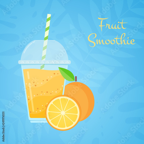 Orange raw fruit tasty smoothie vector illustration. Juicy vegeterian vitamin beverage or protein milk shake in cup glass and fresh orange for social media or web design smoothie promotion banner