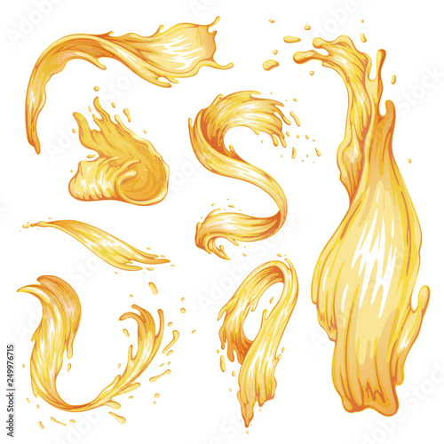 Set of honey splashes and waves. Caramel streams of different shapes