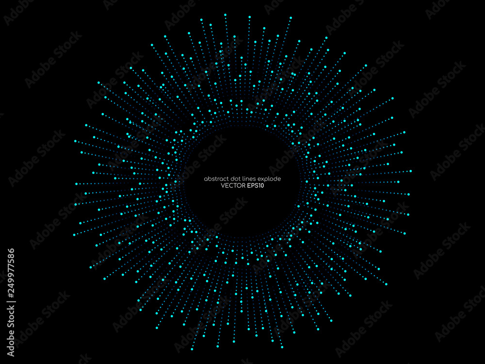 Abstract vector explosion circle frame with dots line equalizer pattern in blue green color isolated on black background with space for text in concept of music, technology, science, digital, AI - obrazy, fototapety, plakaty 