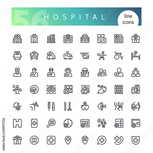 Set of 56 hospital, clinic builds, doctors and other medical line icons suitable for web, infographics and apps. Isolated on white background. Clipping paths included.