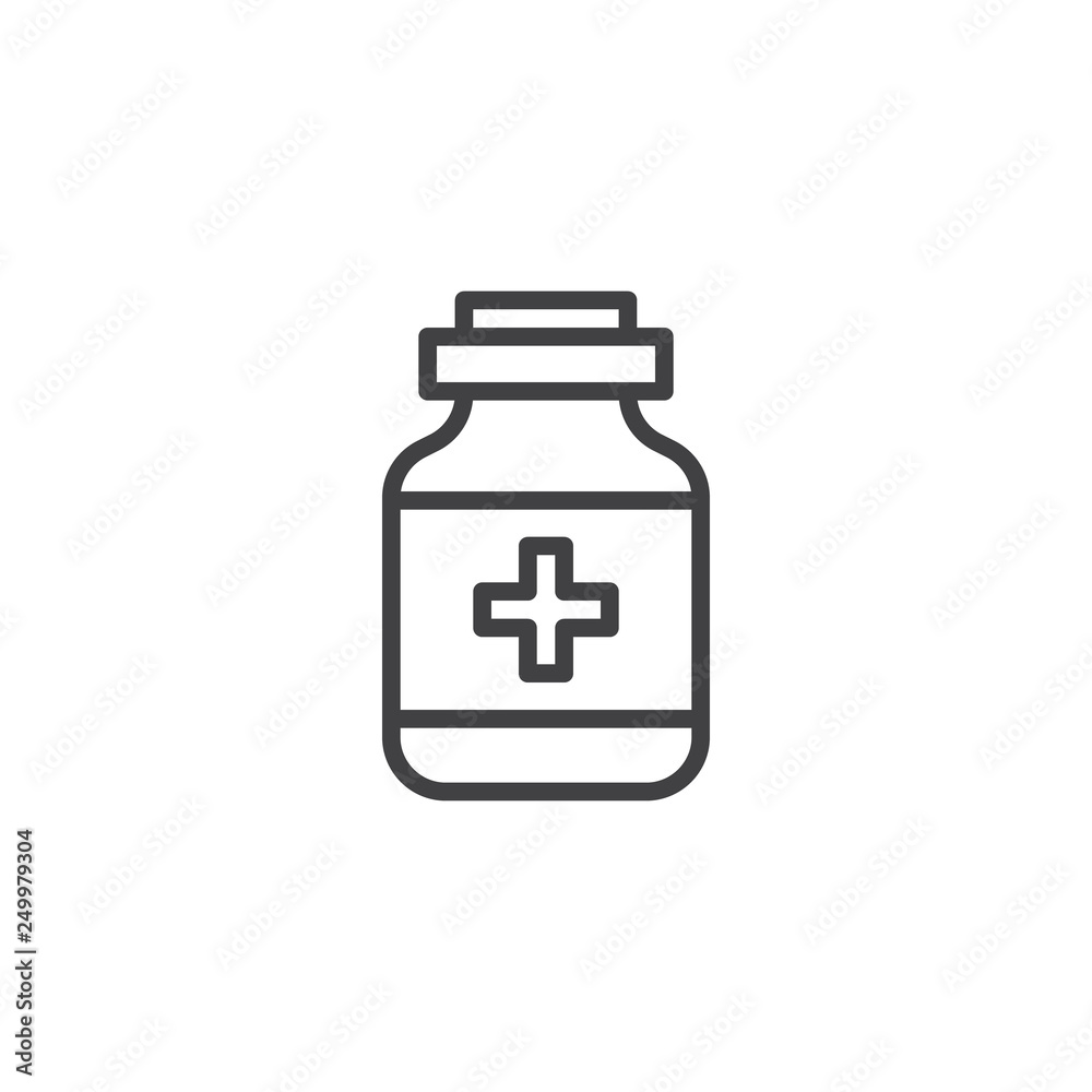 Medicine bottle line icon. linear style sign for mobile concept and web design. Medical jar outline vector icon. Symbol, logo illustration. Pixel perfect vector graphics Medicine bottle line icon. linear style sign for mobile concept and web design. Medical jar outline vector icon. Symbol, logo illustration. Pixel perfect vector graphics