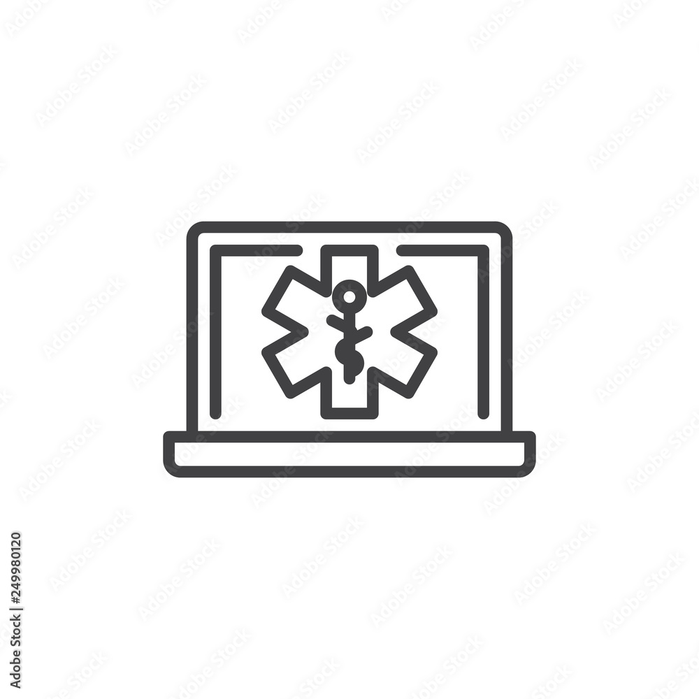 Online medical consultation line icon. linear style sign for mobile concept and web design. Medical laptop with star outline vector icon. Symbol, logo illustration. Pixel perfect vector graphics Online medical consultation line icon. linear style sign for mobile concept and web design. Medical laptop with star outline vector icon. Symbol, logo illustration. Pixel perfect vector graphics