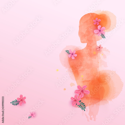 Double exposure illustration. Woman silhouette plus abstract water color painted. Digital art painting. Vector illustraton.
