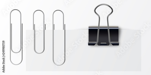 Paper clip on paper. Set of paper clip with black binder 